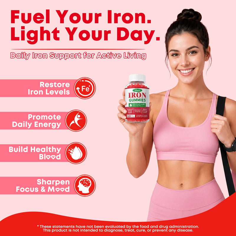 Sugar Free Iron Gummies for Women & Men, Iron Supplement, Vegan | for Anemia & Iron Deficiency, with Vitamin B12, Vitamin C, Zinc, Folate - Energy Boost, Strawberry Flavor, 60 Count 60 Count (Pack of 1)