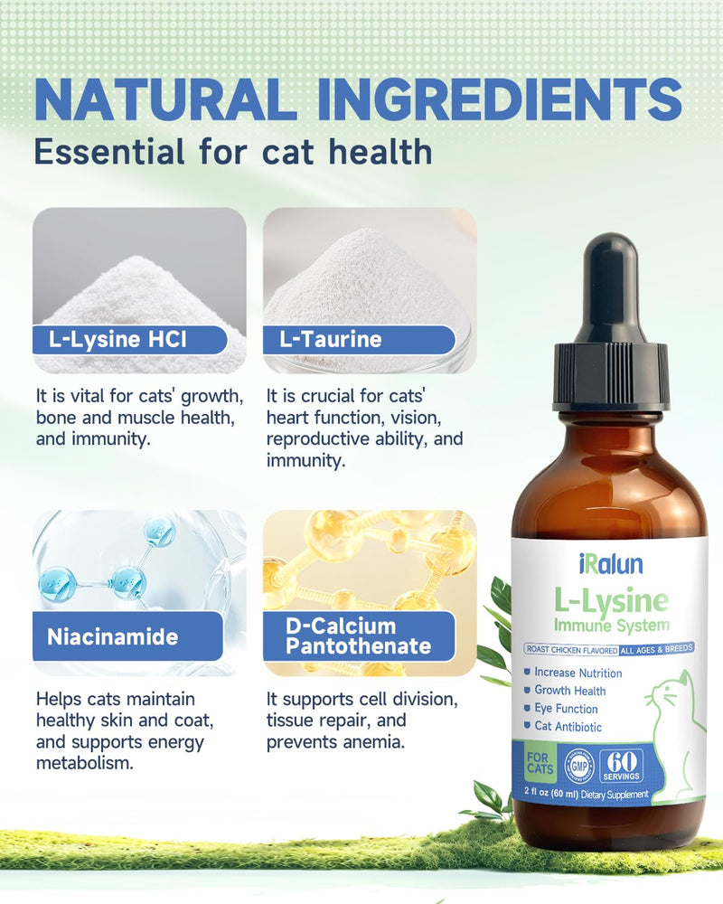 L-Lysine for Cats - cat Immune Support - Lysine for Cats - Sneezing, Runny Nose, Cold, eye care, L-Lysine Supplement for Support Healthy Respiratory, Vision, Roast Chicken Flavor