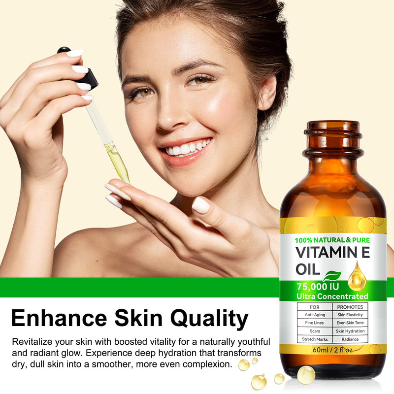 Redshine Pure Vitamin E Oil 75,000 IU, Vitamin E Oil for Skin, Scars and Face, Reduce Scars, Fine Lines, Moisturize and Radiant Skin for Whole Body (1, 60ml) 2 Fl Oz (Pack of 1)