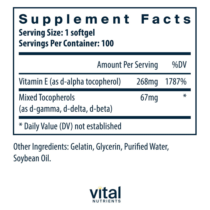 Vital Nutrients Vitamin E with Mixed Tocopherols | Potent Antioxidant Supplement to support Cardiovascular Health* | Gluten and Dairy Free | 100 Softgels - BeesActive Australia
