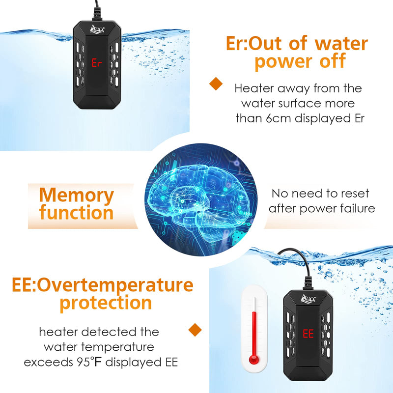 AQQA Aquarium Submersible Heater for Fish Tank,HD Temperature Display and Built-in Thermometer,External Controller Temperature Control Range 59℉-93℉,Safety Control Protects 25W 25W(1-5 Gallon)