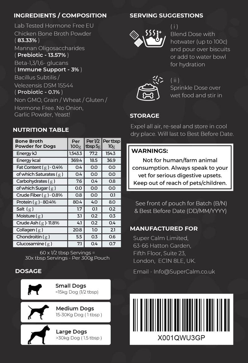 Super Cal Chicken Bone Broth for Dogs with 5 Active Ingredients – Probiotics, Prebiotics, Joint Support – Dog Gravy Granules - 60 Servings (300g)
