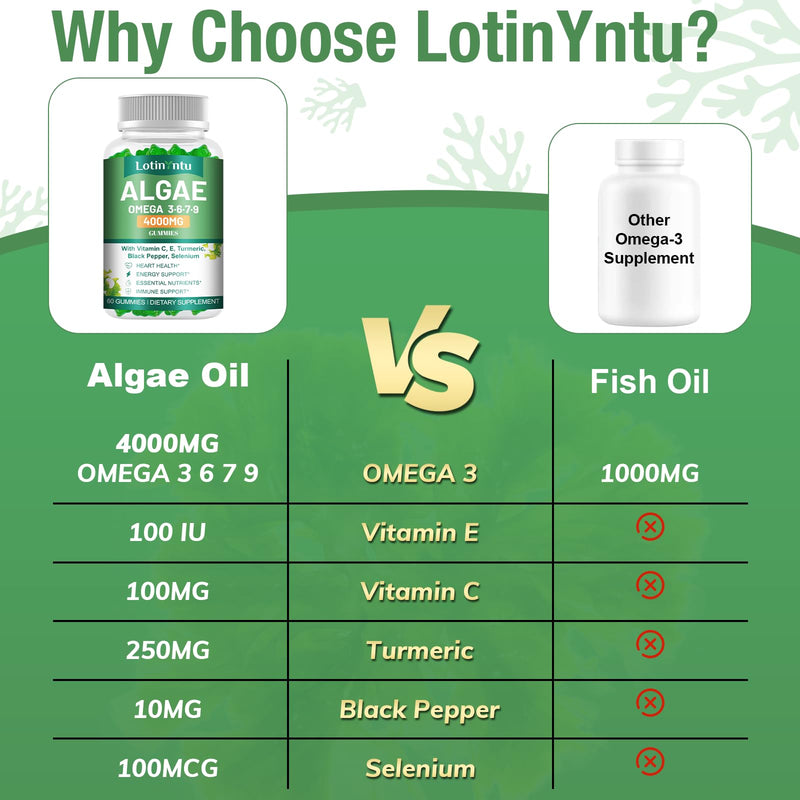 Algae Omega 3 Gummies 4000mg - Fish Oil Gummies Alternative from Algae Oil, DHA 1500MG & EPA 270MG, Vitamin C, E,Turmeric, Black Pepper & Selenium, Supports Heart, Brain & Immune Wellness, 60 Gummies 60 Count (Pack of 1)