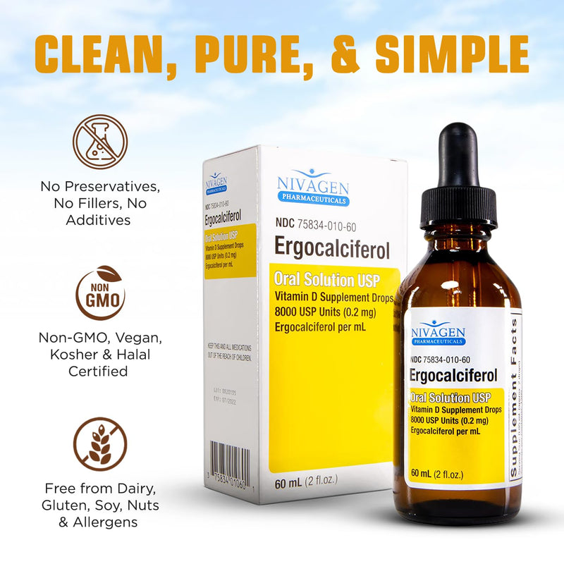 Nivagen Vitamin D2 Liquid Drops 8,000 USP (Ergocalciferol) | 400 IU per Serving | 2 Drops Once Daily | 1,200 Servings, 60ml (2 fl. oz) | Faster Absorption | Bone, Muscle & Immune Support | Made in USA