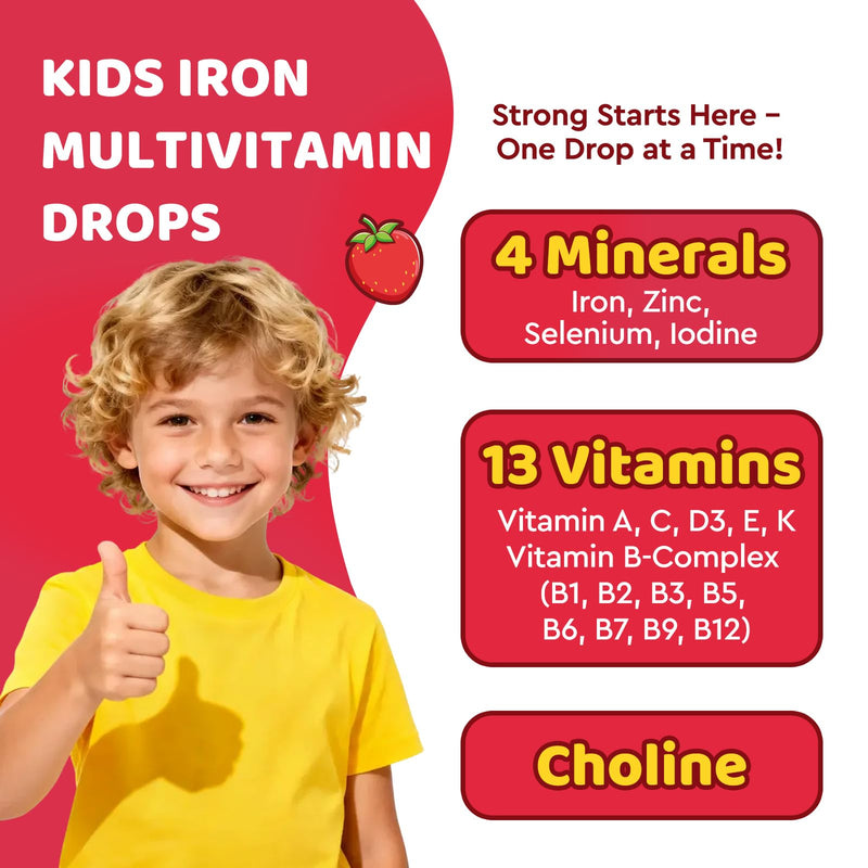 Liquid Iron Supplement for Kids, Kids Multivitamin with Iron Drops with Zinc, Vitamin B Complex, Folate - Support Blood Builder & Energy, Iron Deficiency for Women, Men, Vegan Strawberry 4 Fl Oz 2 Fl Oz (Pack of 2)