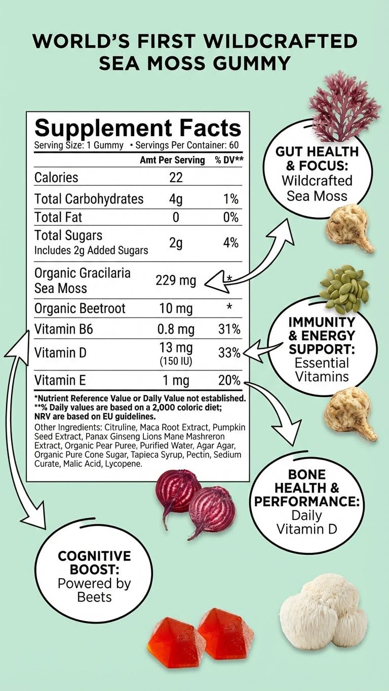 BDE Wildcrafted Sea Moss Gummy Maca Root, Beets, Lions Mane Mushroom, Vitamin D + E - Vegan Collagen, Zinc, Immunity & Detox, Gut Health - 60 Count 60 Count (Pack of 1)