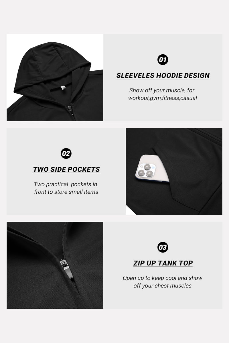 COOFANDY Men's Workout Hooded Tank Tops 2 Pack Zip Up Sleeveless Gym Shirts Muscle Cut Off T Shirt Bodybuilding Hoodies Medium Light Grey/Black(2pcs)