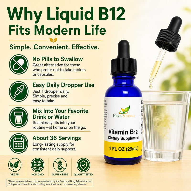 Liquid Vitamin B12 – Cold-Pressed, High Absorption, Vegan, Alcohol-Free, Sublingual B12 Drops, Cyanocobalamin, No Artificial Flavors, Blue Cobalt Glass Bottle for Maximum Freshness - 1 oz | Made with Only 3 Premium Ingredients, Vegan and Non-GMO, in an...