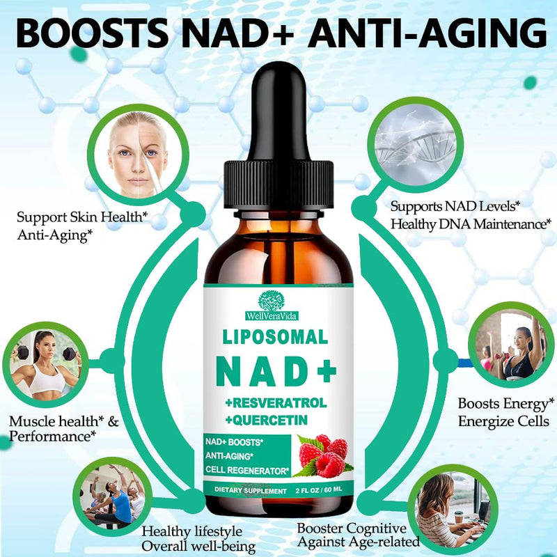 NAD+ Supplement for Women & Men, Liposomal NAD Resveratrol Liquid Drops | 5-in-1 NAD Plus Nicotinamide Riboside NR w. Resveratrol TMG Quercetin & B3 for Energy, Focus, Longevity & Healthy Aging,Vegan Raspberry 2 Fl Oz (Pack of 1)