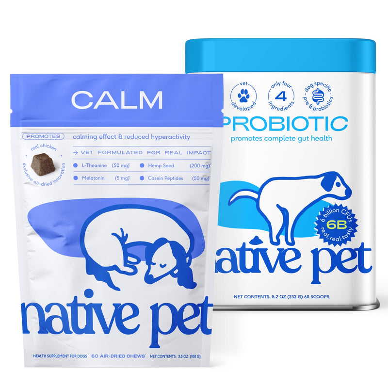 Native Pet Dog Calming Chews (60 Chews) & Probiotic for Dogs (8.2 oz.) - Melatonin for Small, Medium, Large Pups and Probiotic Powder + Prebiotic + Bone Broth Powder for Digestive Issues