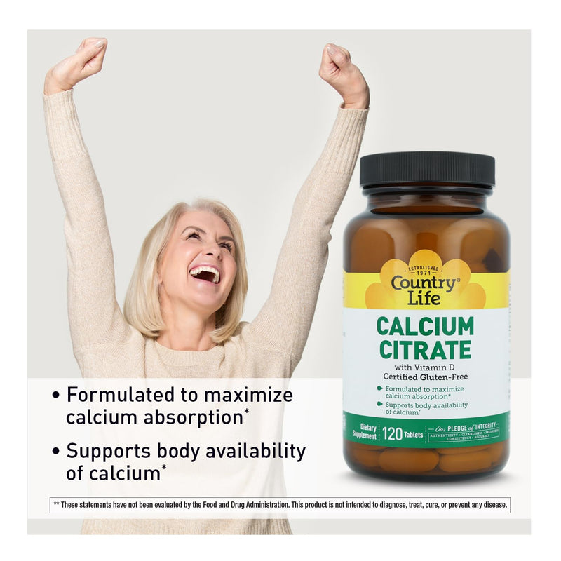 Country Life Calcium Citrate with Vitamin D, 500mg, 120 Tablets | Formulated to maximize calcium absorption*, Supports body availability of calcium*, Vegan, Gluten-Free, Halal & Kosher Parve 120 Count (Pack of 1)