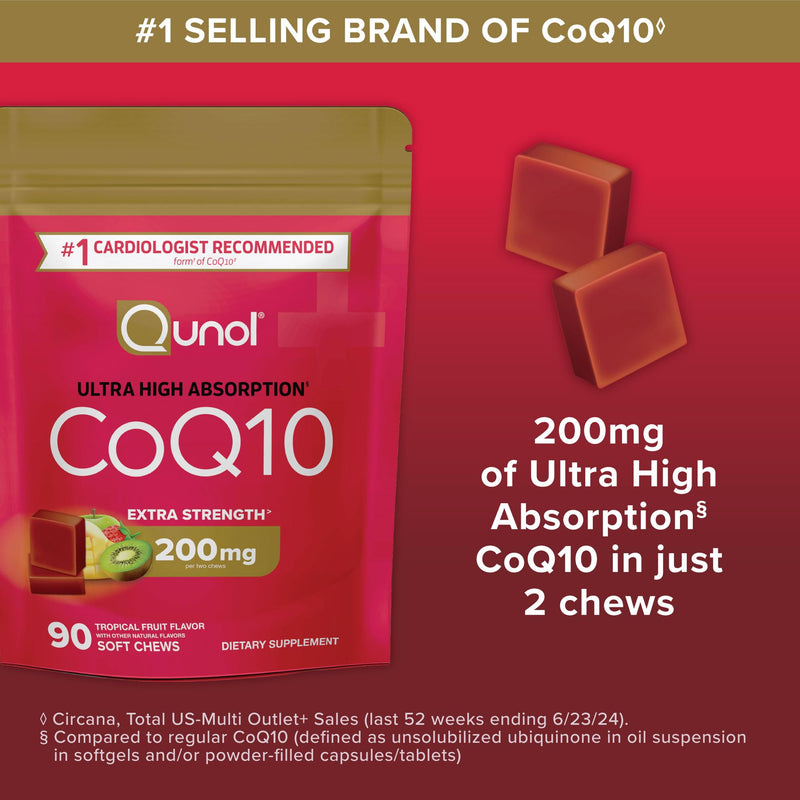 Qunol CoQ10 200mg Soft Chews, Extra Strength, Ultra High Absorption, 90ct | #1 Cardiologist Recommended Supplement for Heart Health, Coenzyme Q10 Supplement to support Vascular Health & Cellular Energy 90 Count (Pack of 1)