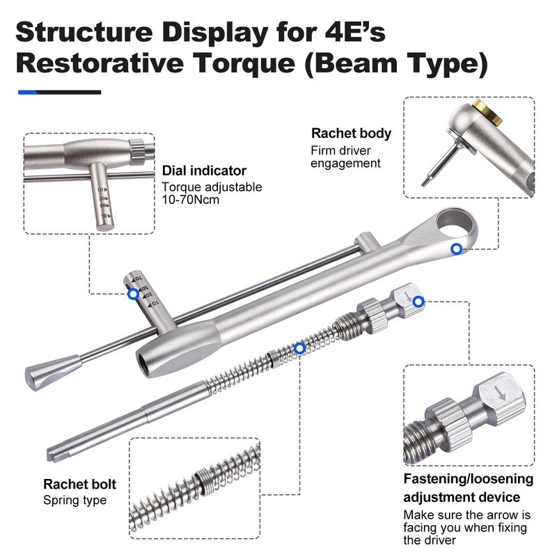 4E 4E'S USA Dental Implant Torque Wrench Set: Universal Prosthetic Kit with Torque Adjustable Ratchet & Screwdrivers 16pcs, 10-70Ncm, Fully Autoclavable