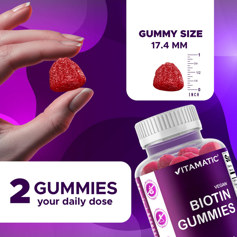 Vitamatic Biotin 10,000 mcg, 60 Vegan Gummies, Raspberry Flavor-2 Pack | 10000 mcg Per Serving, Natural Raspberry Flavor, Pectin Based, Non-GMO, Gluten Free, GMP Certified 2 Bottles