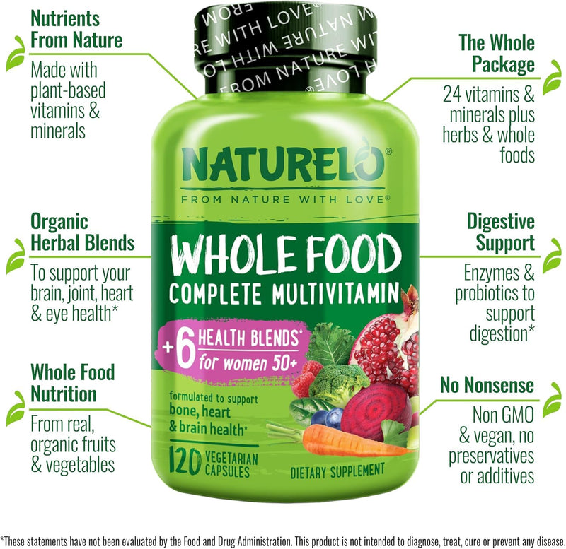 NATURELO Whole Food Multivitamin Health Blends, Women 50+ 120 Caps | Women's Multivitmins, Iron Free with Vitamins, Minerals, & Organic Extracts for Post Menopause 120 Count (Pack of 1)