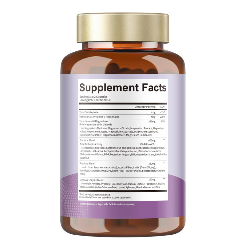 10-in-1 Magnesium Complex Supplement with Probiotics Prebiotics & Digestive Enzymes, 100 Billion CFU Probiotics for Women, High Absorption for Muscle, Sleep Calm, Gut & Digestive Health, Vegan Non-GMO