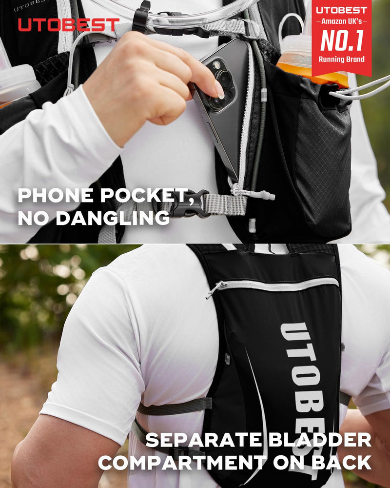 Running Vest, 5L Hydration Vest Lightweight, Breathable and Sweatproof Running Backpack, Adjustable Running Hydration Vest for Trail Running Marathon Race Jogging Cycling Black Vest 5L with 2 x Soft Flask