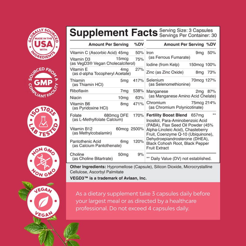Fertility Supplements for Women with Inositol & Folic Acid - Preconception Vitamins for Women for Hormone Balance with L-methylfolate, B12, Vitamin D3, Iodine, Selenium, zinc and CoQ10 - 90 Count 90 Count Female (Pack of 1) - BeesActive Australia