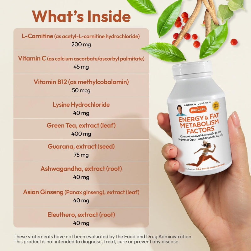 ANDREW LESSMAN Energy and Fat Metabolism Factors 60 Capsules - Promotes Optimum Fat Burning and Energy Metabolism, with Carnitine, Green Tea, Guarana, Ginseng, B-Complex. Easy to Swallow Capsules | Acetyl L-Carnitine with Adaptogens, Botanicals & B Vit...