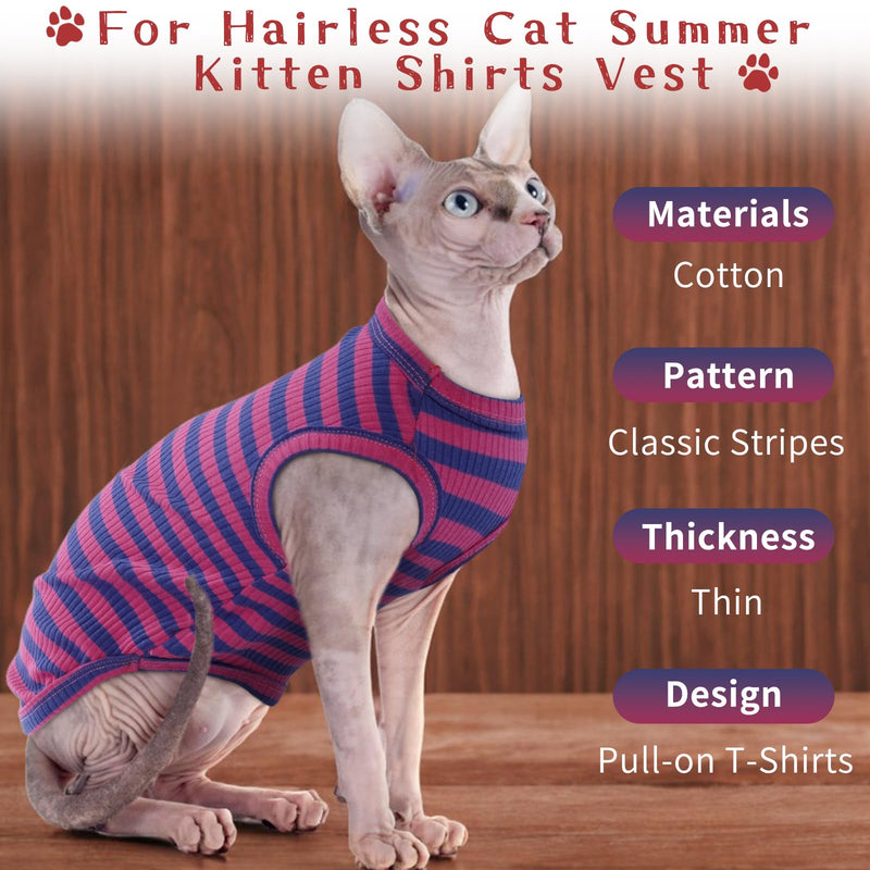 BRKURLEG Sphynx Hairless Cats Shirt Puppy Clothes Soft Cotton T-Shirts Cute Cats Pajamas Cat Stripes Vest Pet Clothes, Round Collar Vest Kitten Shirts(Pink-Blue Stripes, M) Medium PinkBlue Stripe - BeesActive Australia