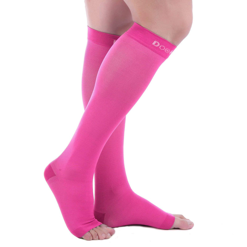 Doc Miller Open Toe Compression Socks, 20-30 mmHg, Toeless Compression Sleeves for Legs, Knee High Stockings for Shin Splints, Varicose Veins, Travel, Calf Support & Muscle Recovery, Men & Women, Pair Medium Pink - BeesActive Australia