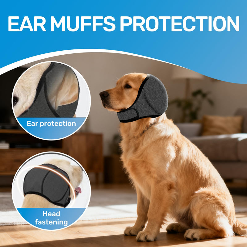 Dog Calming Ear Wrap with Noise Reduction, Anxiety-Soothing Headgear for Thunderstorms, Fireworks, Grooming, Adjustable Noise-Muffling Ear Cover for Medium Dogs and Large Puppies, Grey (S)