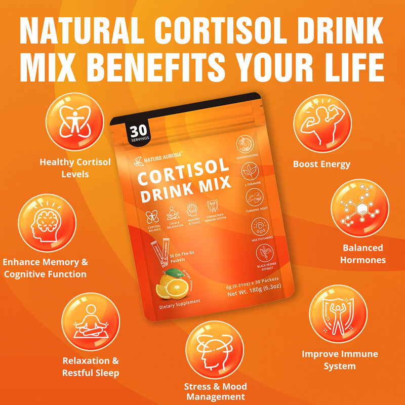 Cortisol Drink Mix Powder with Magnesium Glycinate, L-Theanine, Ashwagandha & Vitamin For Relax, Focus & Calm, Natural Cortisol Supplement for Women and Men, Orange Flavor, 30 Sticks