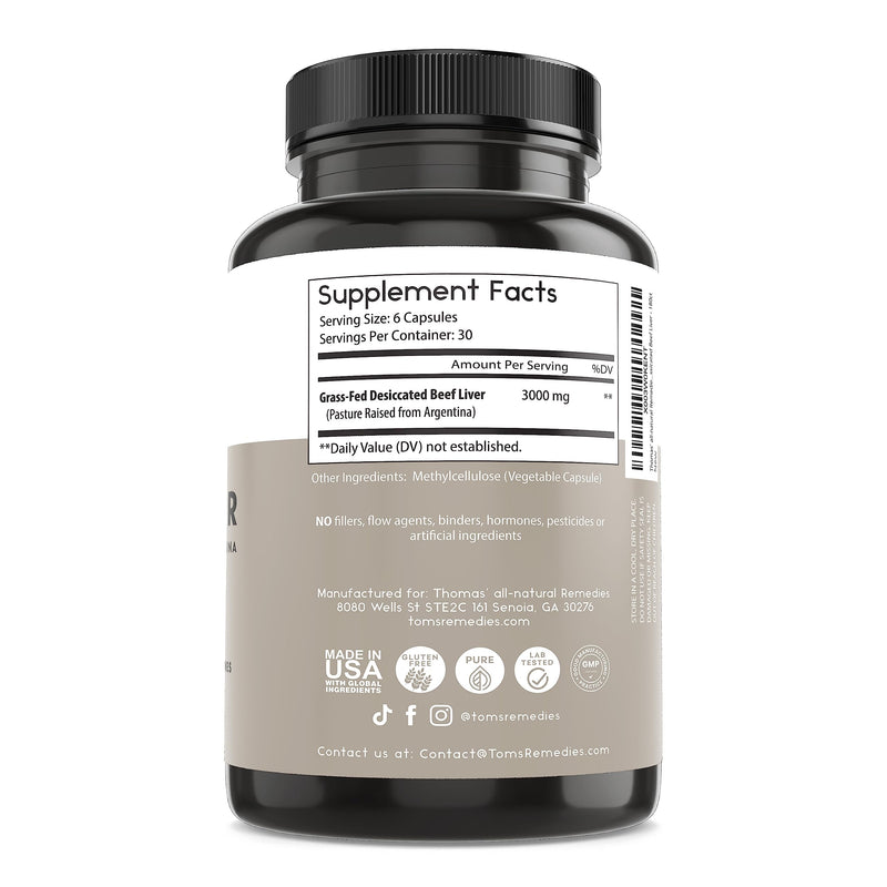 Toms Remedies Grassfed Beef Liver Supplement, 3000mg - Iron & Energy | Liver Supplement, Pasture Raised in Argentina, Natural Source of Iron, Vitamins A & B - Non-GMO & Hormone Free (180 Caps)