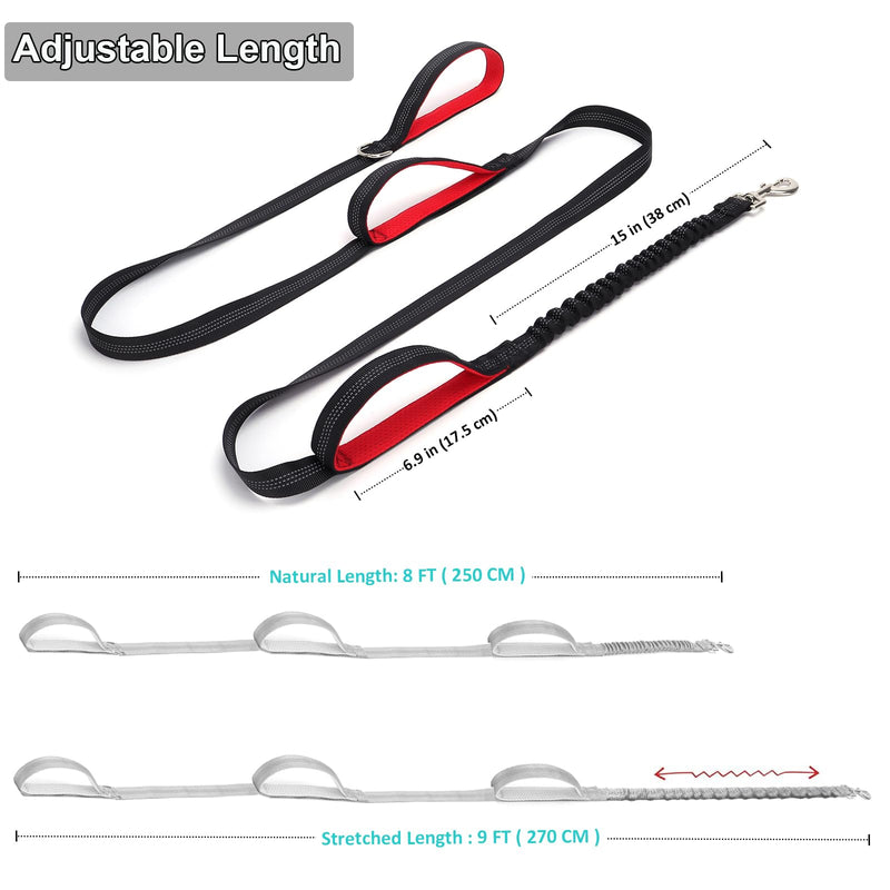 BTINESFUL Dog Leash 8ft with 3 Handles, Traffic Padded Triple Handle Leash, Shork Absobing Bungee Dog Leash, Reflective Three Handles Dog Leash for Control Safety Training Large Medium Dogs (Black) 1 in x 8 ft Black - BeesActive Australia