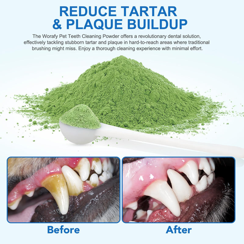 Dog Dental Powder for Teeth Cleaning - Targets Tartar & Reduces Plaque & Bad Breath, with Probiotics & Green Tea, Dental Freshener for Dog's Oral Health