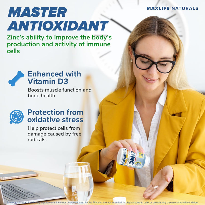 MaxLife Naturals Zinc Picolinate 50mg D3 K2, 60 Capsules Made in USA | Immune Health Support, Bone Wellness, Cardiovascular Care, Men Women Formula, Daily Nutrient Routine