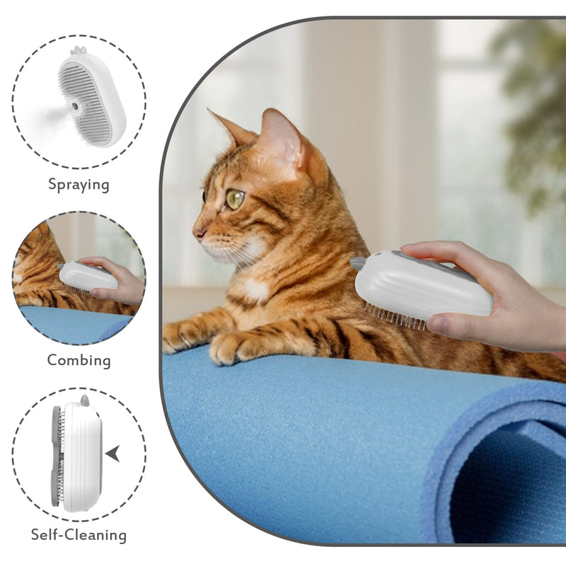 Cat brush with steam, 4-in-1 steam brush cat, steamer brush cat for long hair and short hair, cat brush with water tank Clean pet hair from the brush with one button (white) white - BeesActive Australia