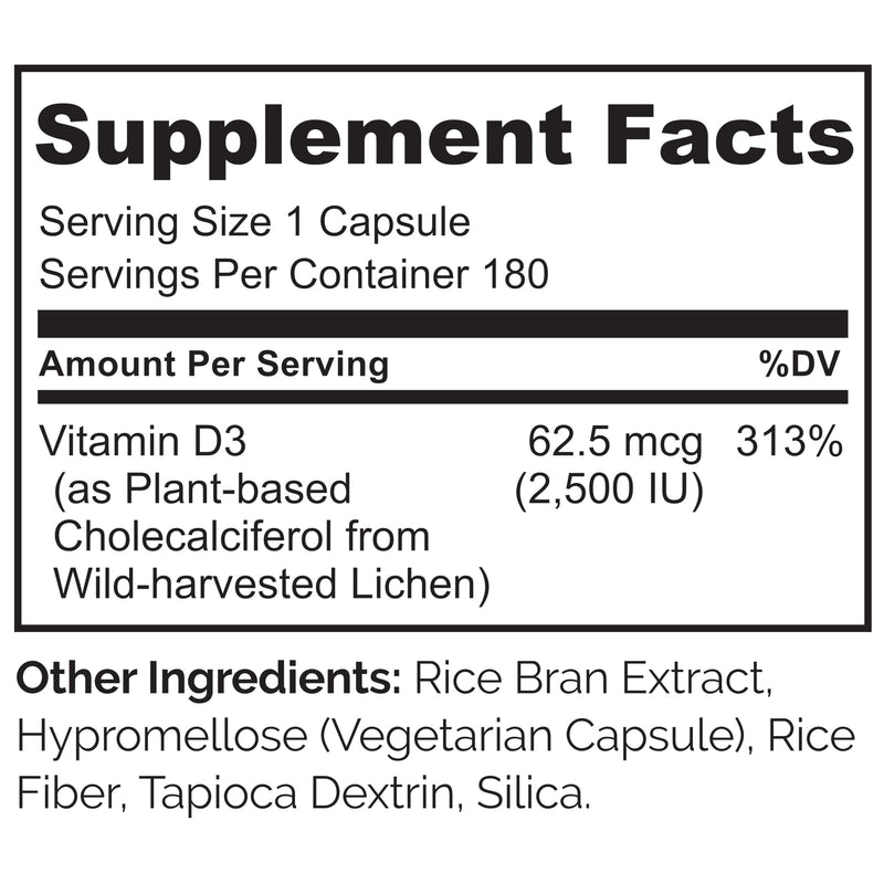 NATURELO Vitamin D3 2500 IU, Joint Support & Bone Health, 180 Count, 2 Pack | Vegan D3 Supplement, Vitamin D Supplements for Immune System, Plant-Based Capsules, Non-GMO, Gluten Free Unflavored 180 Count (Pack of 2)