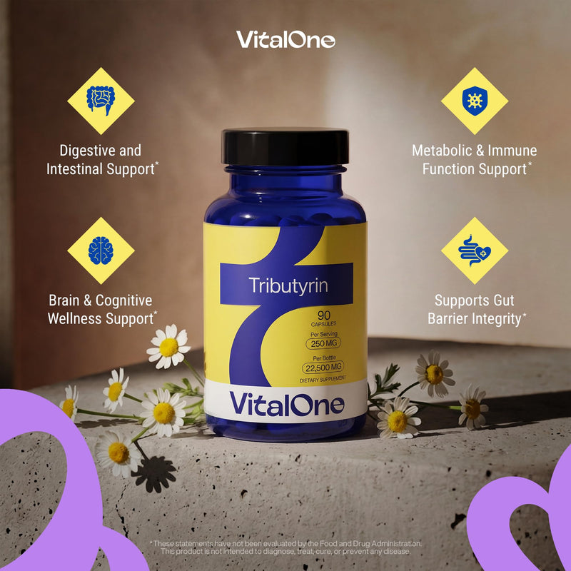 VitalOne Tributyrin 250 mg Supplement | Single Ingredient Butyrate Prodrug | Gut & Digestive Support | Clean Label | 1 Capsule Daily | 90 Capsules