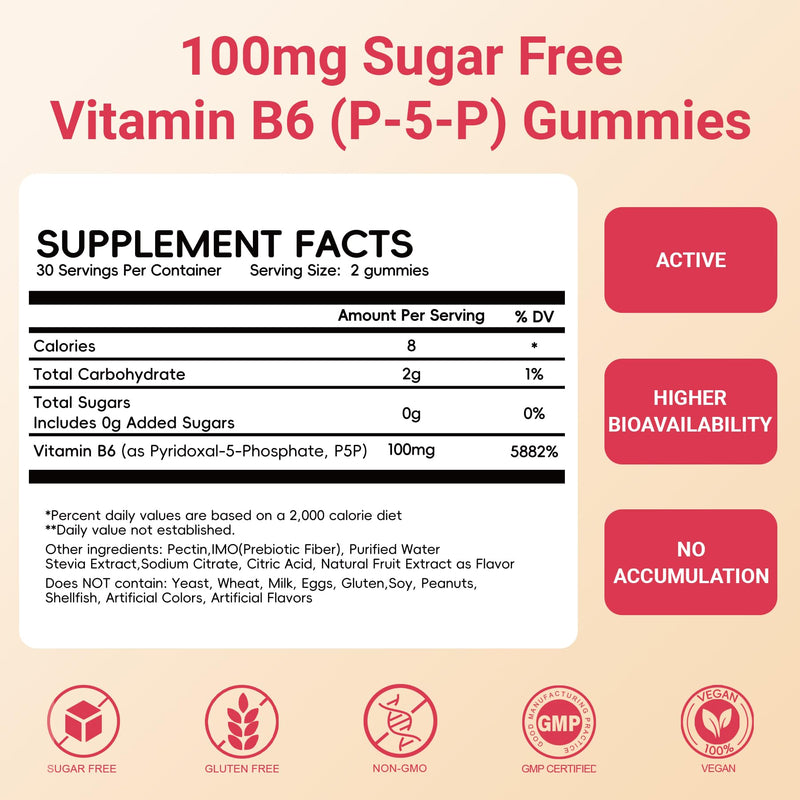 Vitamin B6 Gummies 100mg, Vitamin B6 Supplement P5P for Energy & Nervous System, Sugar Free, Vegan, 60 Liquid-Filled Gummies.