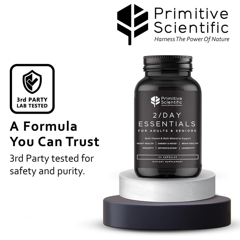 Primitive Scientific Whole Food Daily Essential Multivitamins for Adults and Seniors - 2X a Day - Vitamin A, C, D, E, B12 and Minerals - Natural and Holistic Support (60 Capsules)
