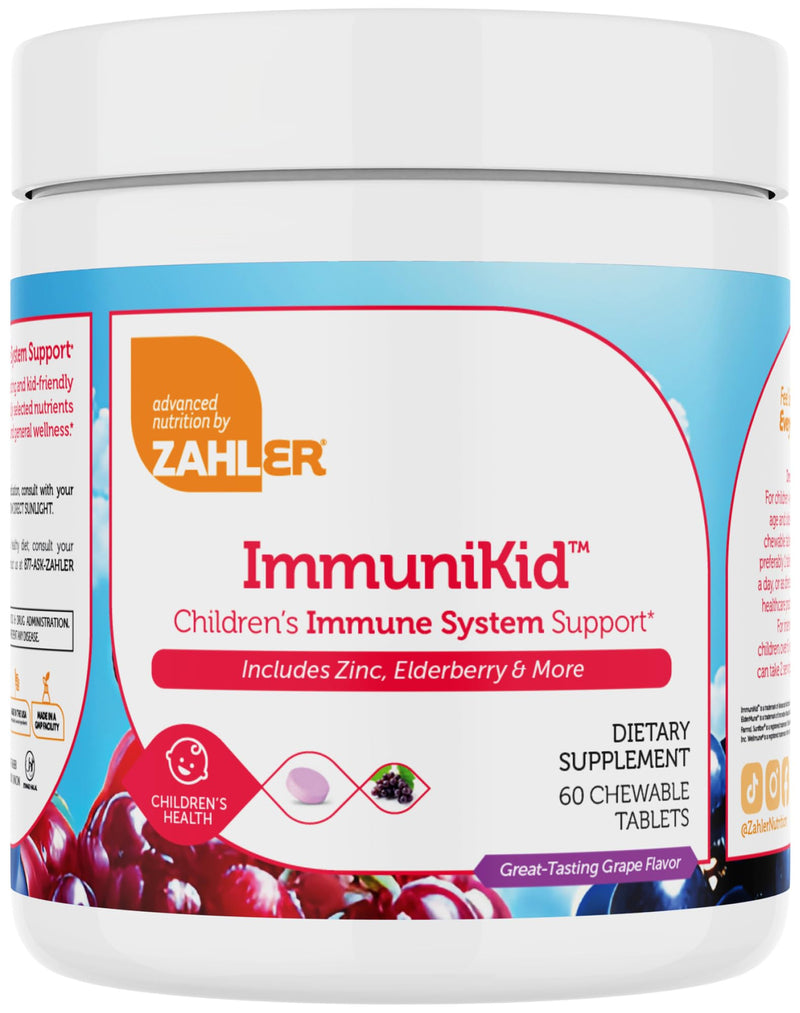 Zahler Kids Immune Support Supplement with Elderberry, Zinc and Vitamin C D3 A - Grape Flavored Chewable Tablets - Kosher Children's for Ages 4 and Up, 60 Count 60 Count (Pack of 1)