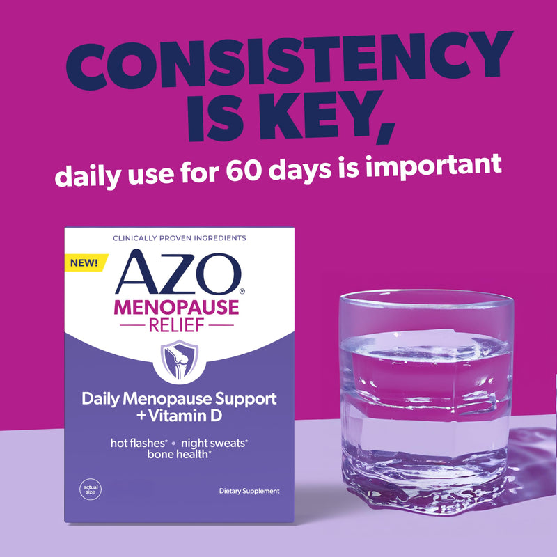 AZO Daily Menopause Relief + Vitamin D for Women 30 Count | Hot Flash and Night Sweats Menopause Relief*, Clinically Studied Genistein, 1000 IU Vitamin D, Hormone-Free, 1 Capsule Daily