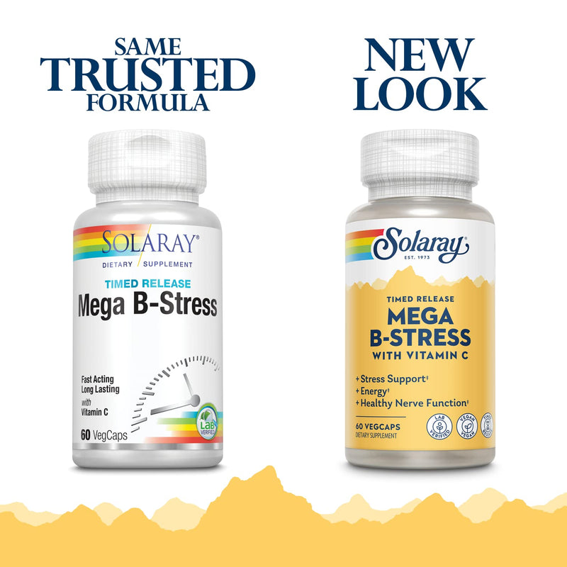 SOLARAY Mega Vitamin B-Stress, Timed-Release Vitamin B Complex with 1000 mg of Vitamin C for Stress, Energy, Red Blood Cell & Immune Support, 60 Day Guarantee, Vegan, 20 Servings, 60 VegCaps 60 Count (Pack of 1)