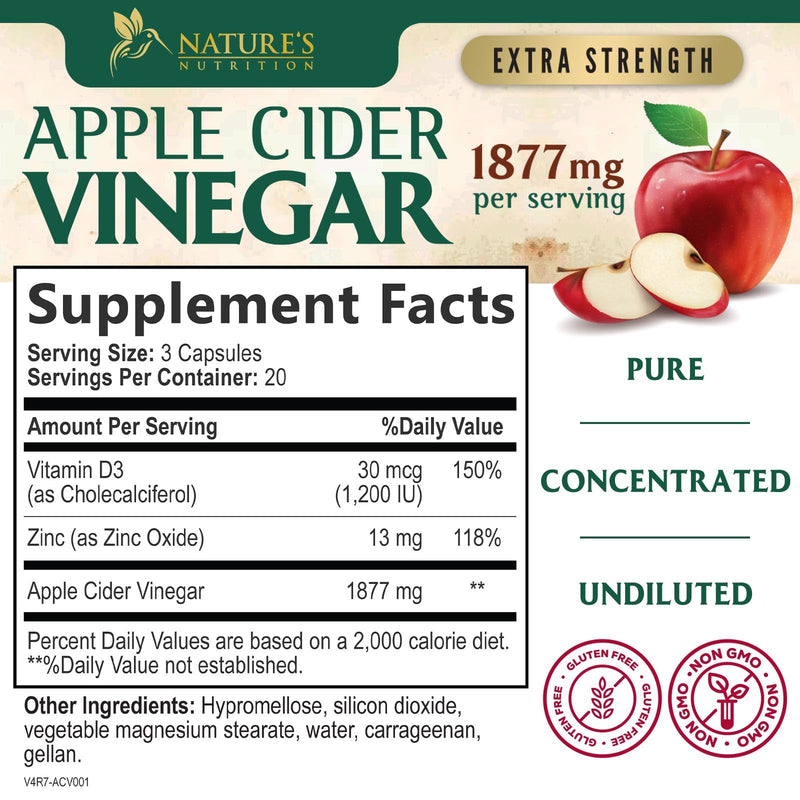 Apple Cider Vinegar Capsules 1877mg per Serving - Extra Strength Detox & Cleanse with Vitamin D & Zinc - Premium ACV, Joint Natural Digestion & Immune Support - Vegetarian Supplement - 60 Capsules 60 Count (Pack of 1)