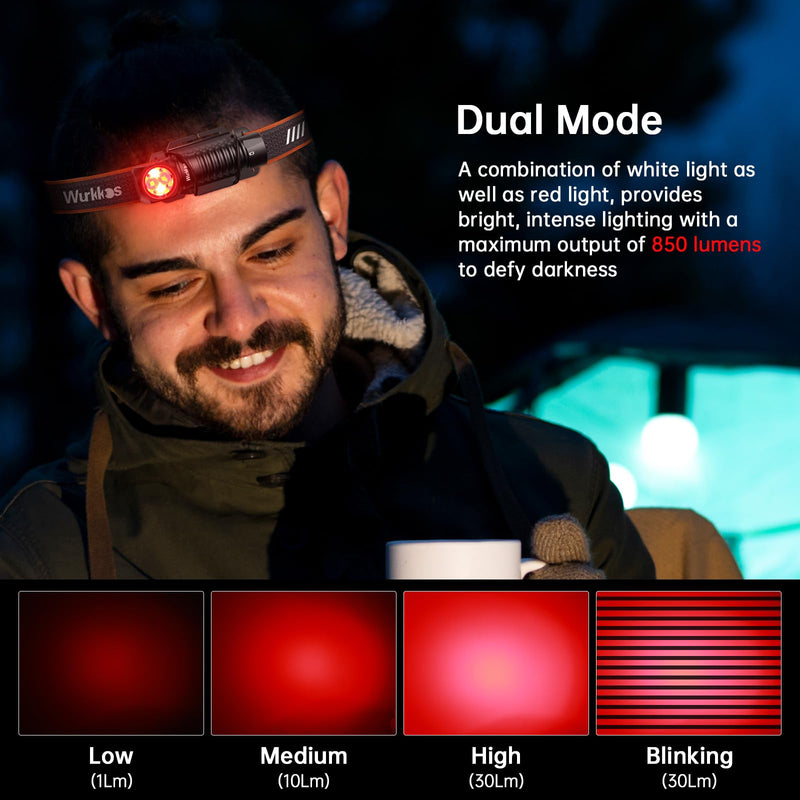 Wurkkos Headlamp,HD12 850LM Rechargeable Headlamp,Head Lamps Led Rechargeable,Mini AA Head Lights,Camping headlamps with Red Light,Waterproof,for Kids and Adults,Hiking,Emergency,Outdoor,Hard Hat - BeesActive Australia