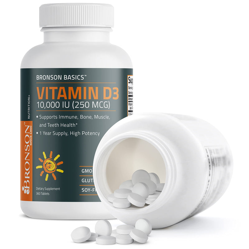 Bronson Vitamin D3 10,000 IU (250 MCG) 1 Year Supply for Healthy Muscle Function and Immune Support, Non-GMO, 360 Tablets Unflavored 360 Count (Pack of 1) - BeesActive Australia