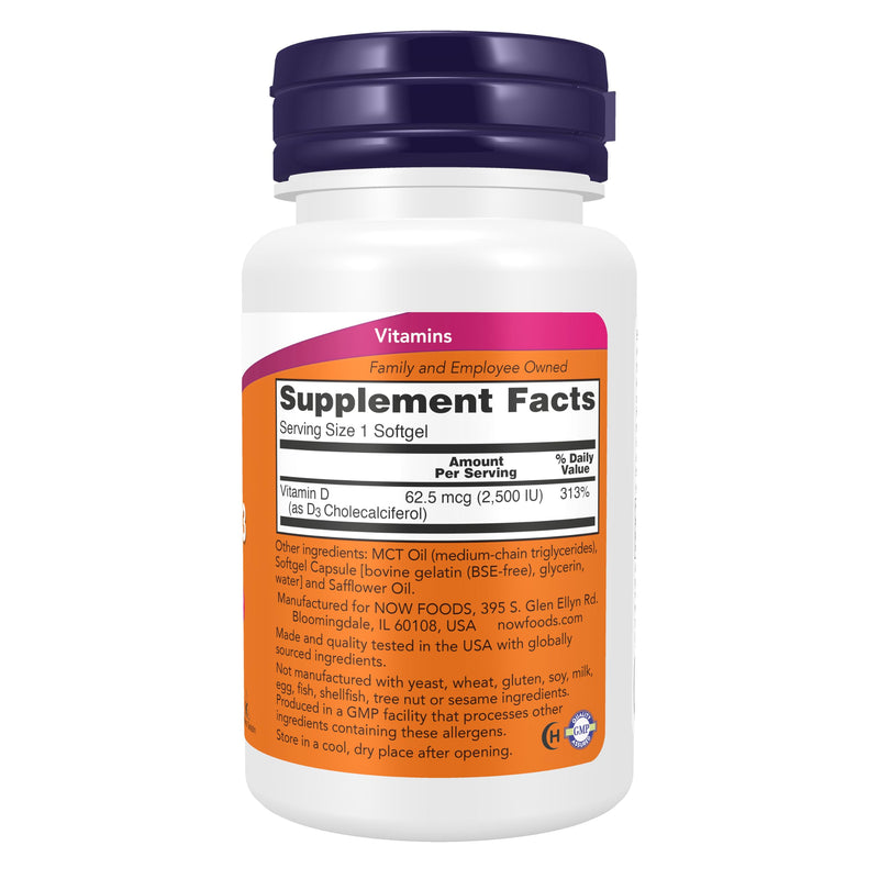 Now Supplements, Vitamin D3, 2,500 IU, Bone & Immune Health*, 180 Softgels
