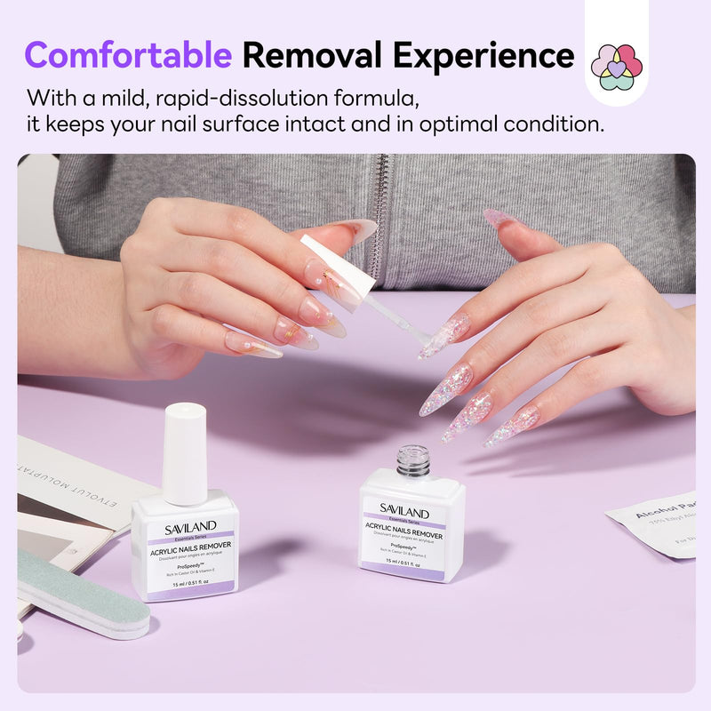 SAVILAND Acrylic Nail Remover Kit 2 Pcs: Powerful Rapid Dissolution Acrylic Remover with Cuticle Oil & Nail File Tools, No Soaking No Wrapping, Gentle Professional Set for Home Use 16pcs