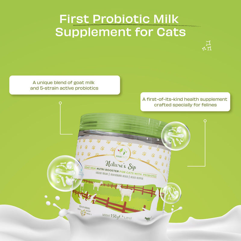 Pawfect Nature's Sip Goat Milk Nutri Booster Powder for Cats- All Natural - Rehydrate Food - Probiotic Milk Supplement - Immunity Booster - Food Topper - Liquid Treat (150g/5.29oz)