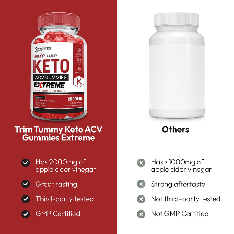 Justified Laboratories Trim Tummy Keto ACV Gummies Extreme (2000 mg) - 60 Count - Made with the Mother & Vitamin B12 - Non-GMO, Vegan, Gluten Free - 30 Servings 60 Count (Pack of 1)