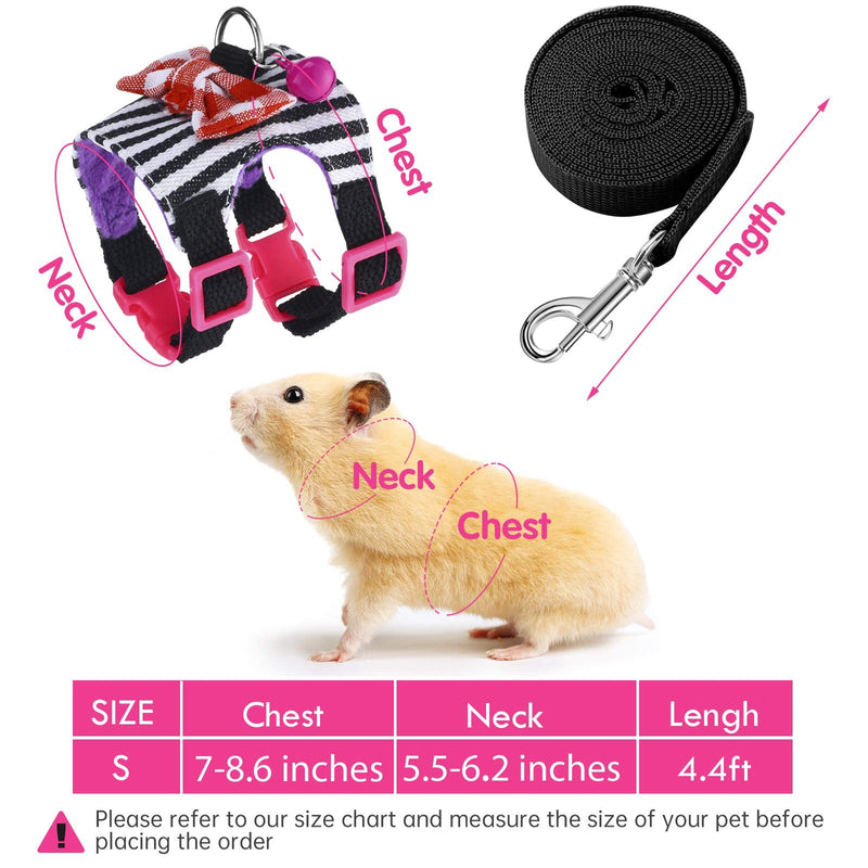 2 Pieces Hamster Harness and Leash Set for Walking, Small Guinea Pig Clothes with Bowknot Bell, No Pulling Comfort Padded Vest Striped for Guinea Pig Hamster Ferret, Small Animals (Blue, Black,S) S Blue, Black