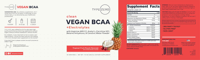 Type Zero Ultra Clean Vegan BCAA Powder + Electrolytes Tropical Fruit Punch | 6g Per Serving, 2:1:1 Sugar-Free, No Sucralose, BCAAs Amino Acids Supplement, After Workout Drink, 30 Servings