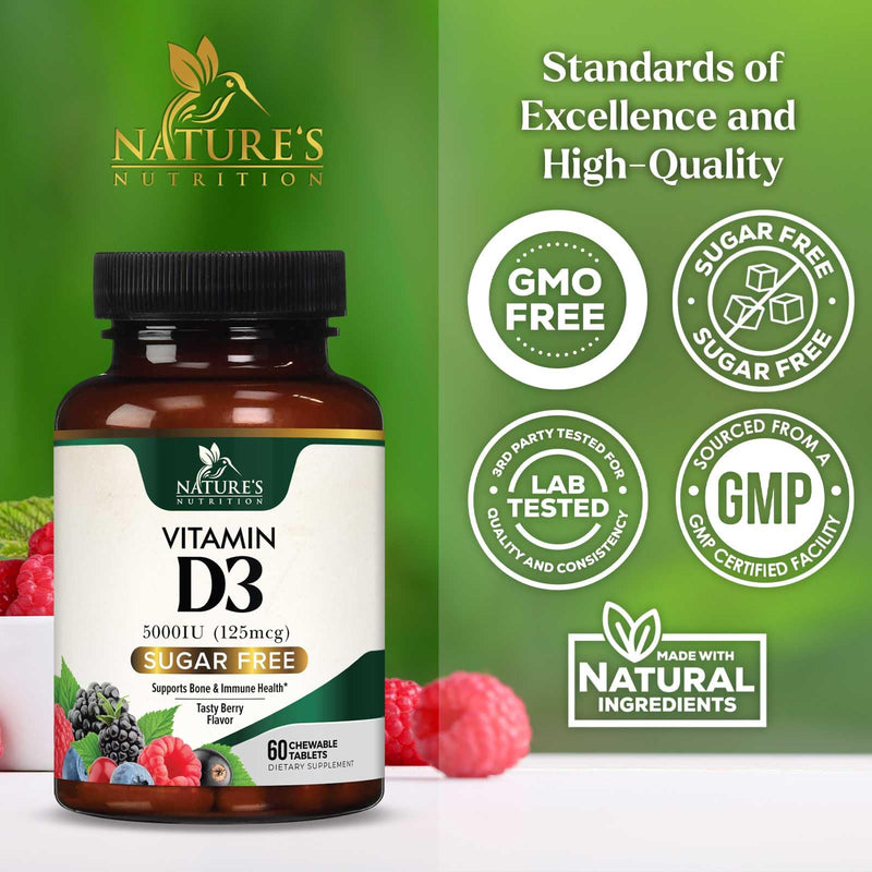 Vitamin D3 5000 IU (125 mcg) Per Serving - Extra Strength Vitamin D Chewable for Immune Support Health - Bone, Teeth and Muscle Supplements - Sugar Free, Gluten Free, USA Bottled - 60 Count Tablets 60 Count (Pack of 1)
