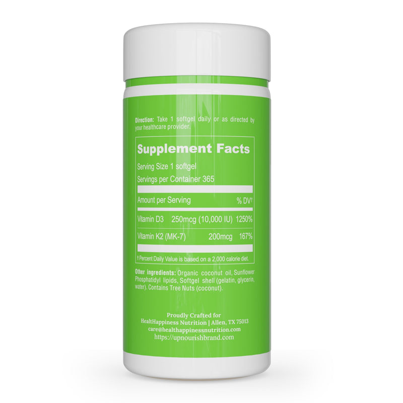 UpNourish Liposomal D3 K2 Vitamin 10000 IU D3 and K2 MK-7 200 mcg - 365 Vitamin D3 k2 (Vitamina D3 con K2) Mini Softgels - Easy to Swallow K2 D3 Vitamin Supplement